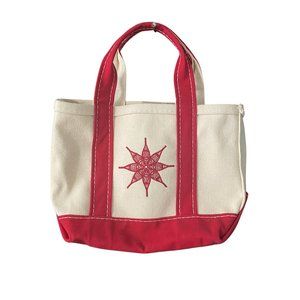 VTG L.L. Bean Embroidered Red Floral Design Tan Canvas 12" Mini Tote Bag Eco